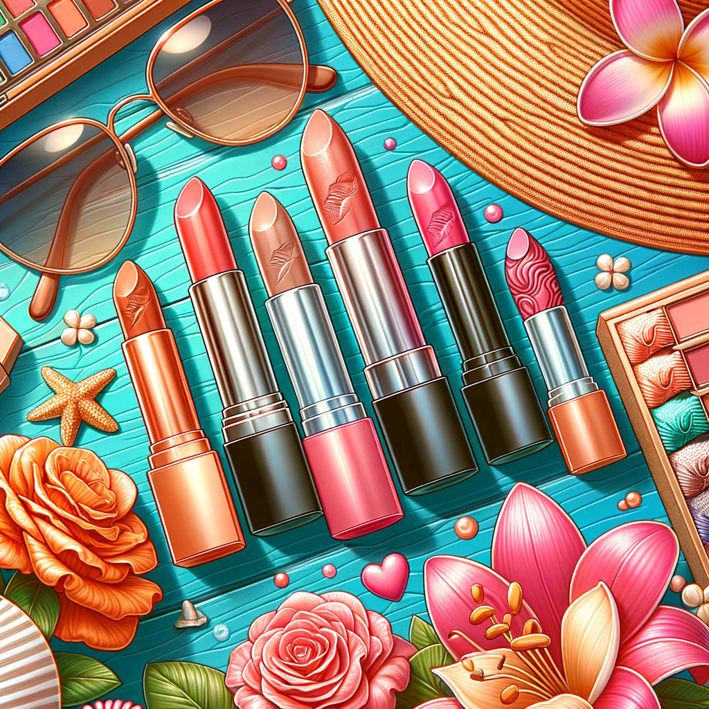 Vibrant image of five lipstick tubes in shades of coral, nude, pink beige, wild rose, and matte finish, arranged against a summer-themed backdrop with sunglasses, a sunhat, and tropical flowers. "5 Bold Lipstick Shades for Summer" text overlay in a playful, readable font.