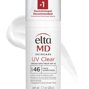 EltaMD UV Clear SPF 46 Sunscreen in a 1.7 oz pump bottle, designed for sensitive and acne-prone skin, displayed against a light background.