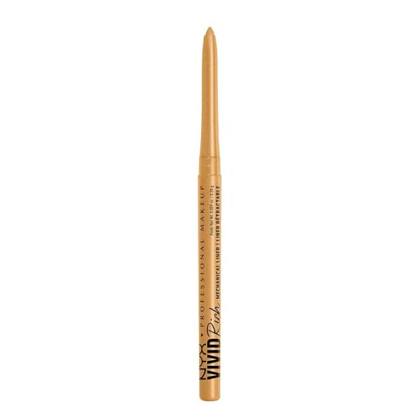 NYX PROFESSIONAL MAKEUP Vivid Rich Mechanical Eye Pencil in Amber Stunner, a luxurious gold shimmer, showcased against a minimalist background.