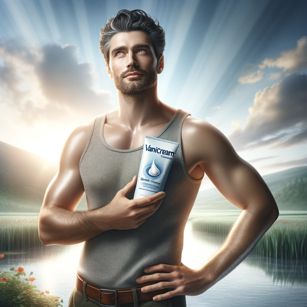 A content man holding a bottle of Vanicream Gentle Facial Cleanser, standing in a serene environment, symbolizing his successful journey towards overcoming sensitive skin challenges.