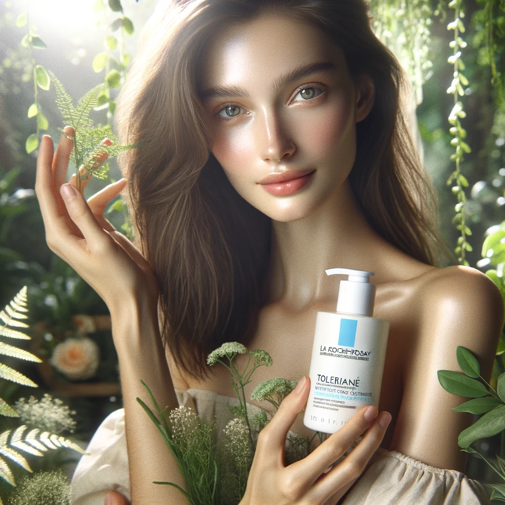 A young woman with radiant, clear skin stands in a lush garden, holding La Roche-Posay Toleriane Hydrating Gentle Face Cleanser, symbolizing her successful journey to overcoming acne.