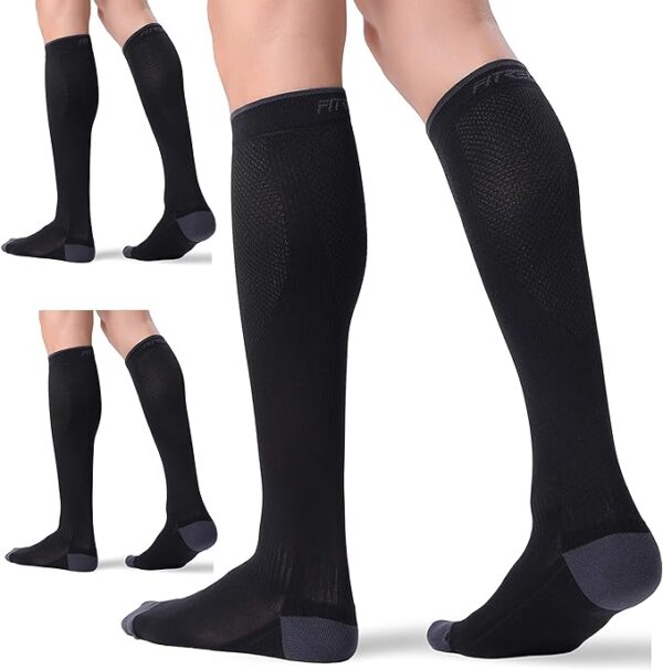 Three pairs of FITRELL Unisex Compression Socks in various colors, showcasing the moisture-wicking fabric and cushioned soles for athletic and daily use.